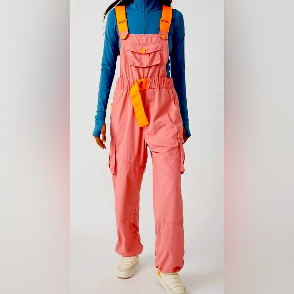 Free People FP Movement Women's Morning Meadow Overalls Matte Rose Combo Size L